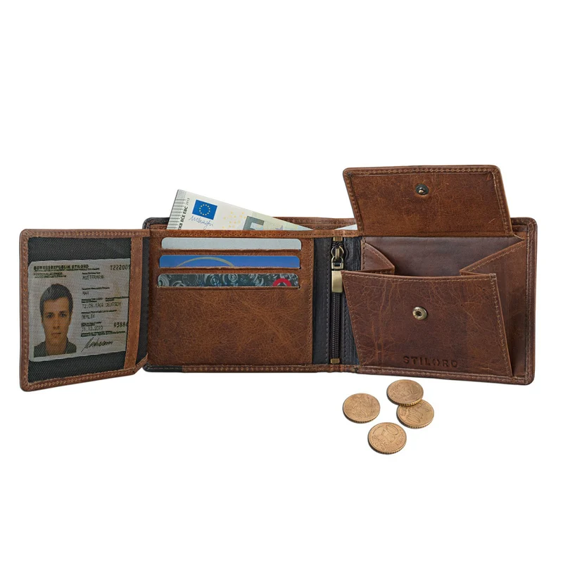 Herren Portemonnaie aus Leder Geldbörse Vintage Leder Braun-Schwarz
