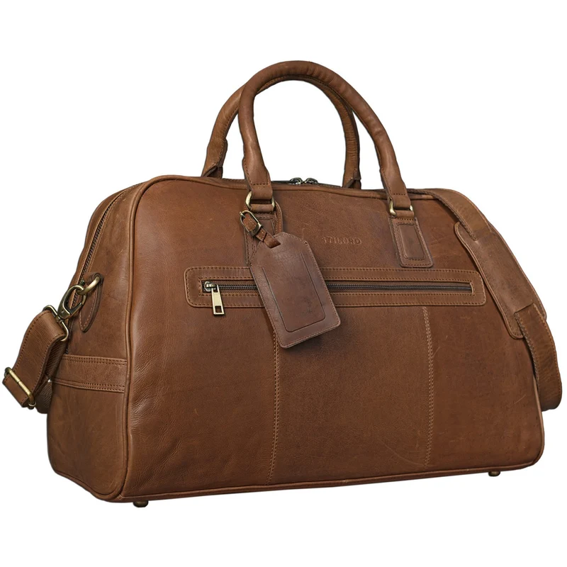 Vintage Reisetasche aus echtem Leder mit Tragegurt und Griff, cognac