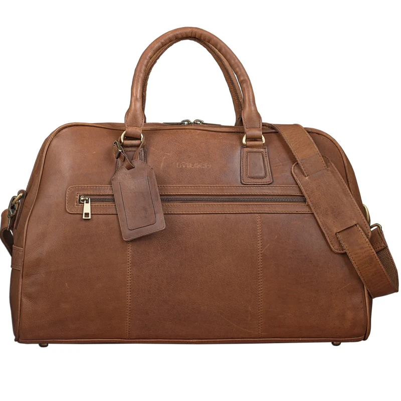 Vintage Reisetasche aus echtem Leder mit Tragegurt und Griff, cognac