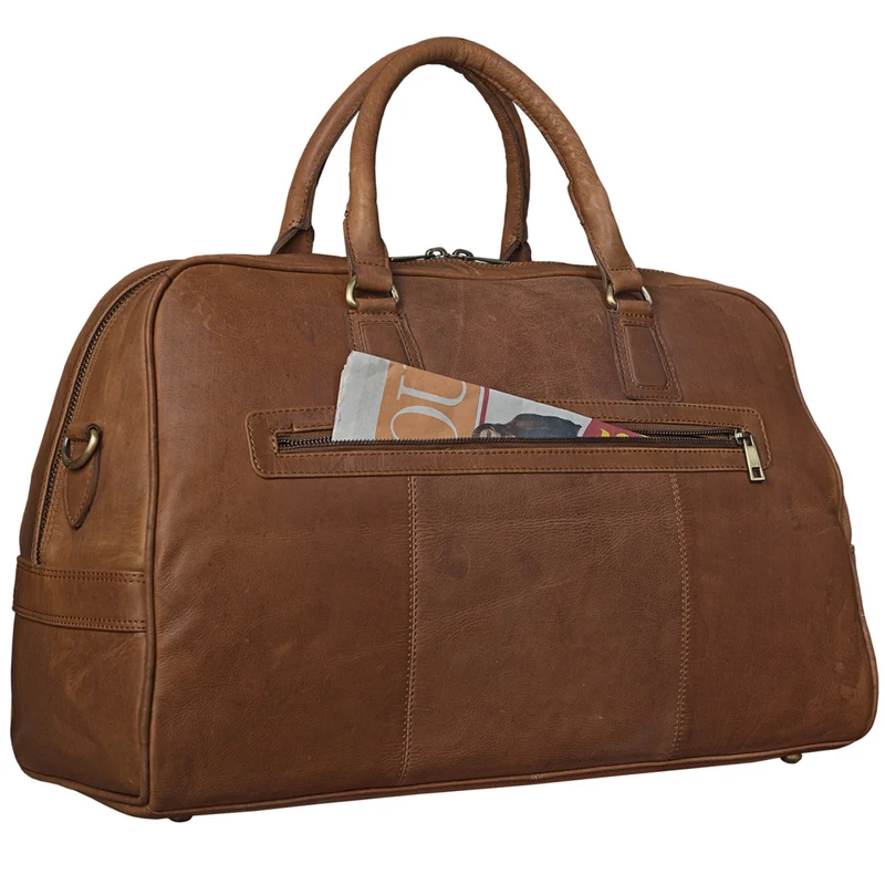 Vintage Reisetasche aus echtem Leder mit Tragegurt und Griff, cognac