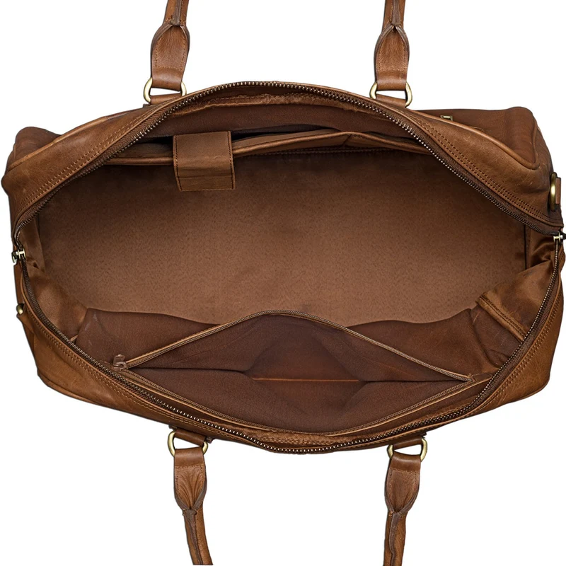 Vintage Reisetasche aus echtem Leder mit Tragegurt und Griff, cognac