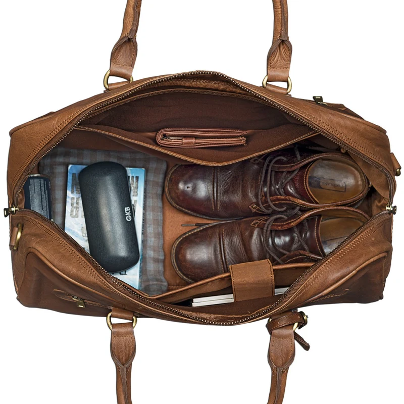 Vintage Reisetasche aus echtem Leder mit Tragegurt und Griff, cognac