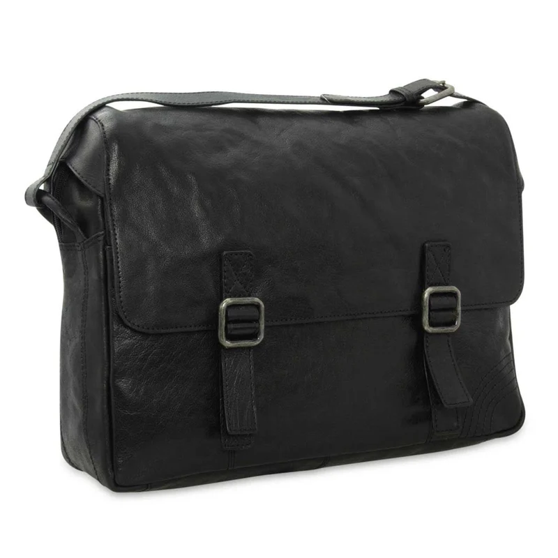 Messengerbag mit Regenschutz und Laptopfach Echtleder schwarz