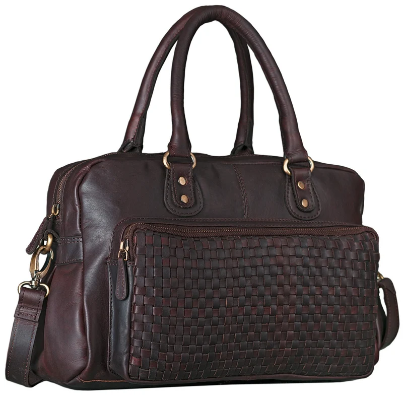 Elegante Handtasche geflochten Umhängetasche geflochtenes Leder dunkelbraun