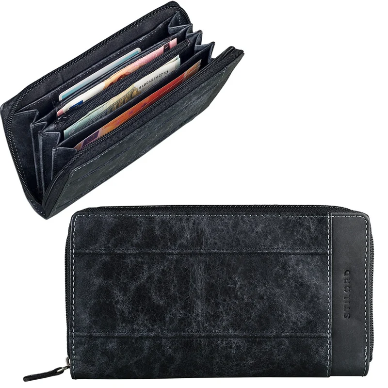 Damen Geldbörse elegant klassisch großes Leder Portemonnaie Schwarz