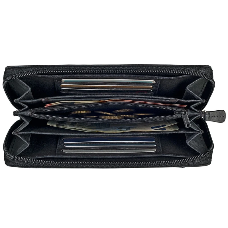 Damen Geldbörse elegant klassisch großes Leder Portemonnaie Schwarz