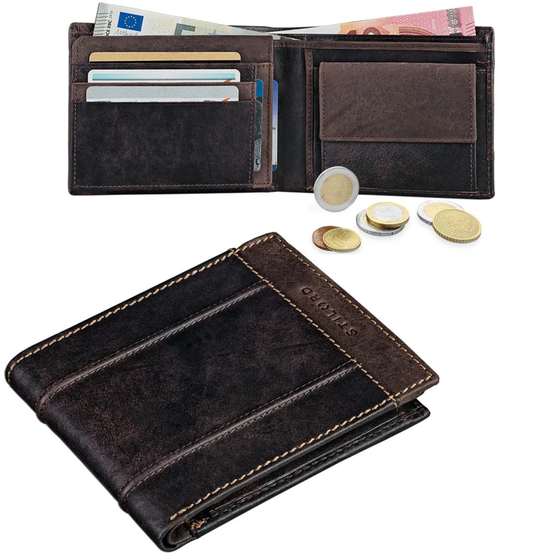 Retro Leder Brieftasche Portemonnaie elegant Streifen Geldbörse EC-Karten Vintage Rindsleder dunkelbraun