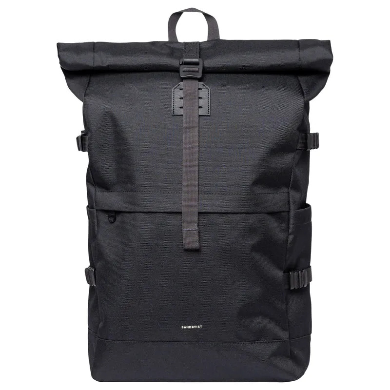 Sandqvist Icon Rolltop - Rucksack L 16" 65 cm erw. (black/ black with black leather)